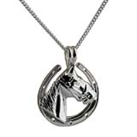 Silver 22x20mm Horse Head in Horseshoe Pendant with a 1.3mm wide curb Chain 18 inches