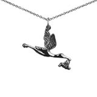 Silver 22x30mm solid Stork with Baby Pendant with a 1mm wide rolo Chain 20 inches