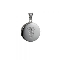 Silver 23mm round hand engraved medical alarm symbol flat Locket