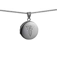 Silver 23mm round hand engraved medical alarm symbol flat Locket with a 1.3mm wide curb Chain 20 inches