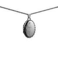 Silver 23x16mm oval hand engraved flower design twisted wire edge Locket with a 1.3mm wide curb Chain 22 inches