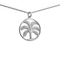 Silver 25mm Palm Tree in Circle Pendant with a 1.3mm wide curb Chain 20 inches