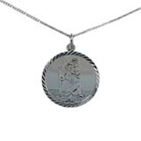 Silver 25mm round diamond cut edge St Christopher Pendant with a 1.3mm wide curb Chain