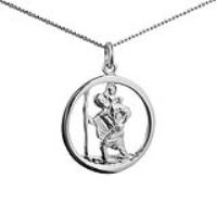 Silver 25mm round pierced St Christopher Pendant with a 1.3mm wide curb Chain 18 inches