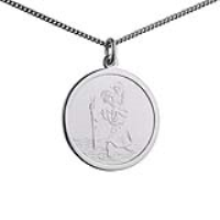 Silver 25mm round St Christopher Pendant with a 1.3mm wide curb Chain 22 inches