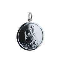 Silver 25mm round St Christopher Pendant with car boat train plane on back