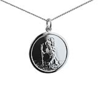Silver 25mm round St Christopher Pendant with car boat train plane on back with a 1.3mm wide curb Chain 22 inch