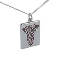 Silver 25x18mm rectangular medical alarm Disc Pendant with vitreous red enamel on a 1.3mm wide curb Chain 18 inches
