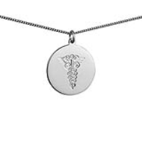 Silver 26mm round hand engraved medical alarm symbol Disc Pendant with a 1.3mm wide curb Chain 18 inches