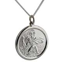 Silver 26mm round solid St Christopher Pendant with a 1.3mm wide curb Chain 20 inches