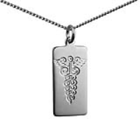 Silver 26x13mm hand engraved rectangular medical alarm Disc Pendant with a 1.3mm wide curb Chain 24 inches