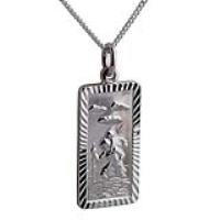 Silver 26x13mm rectangular diamond cut edge St Christopher Pendant with a 1.3mm wide curb Chain 20 inches