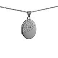 Silver 26x19mm oval half hand engraved flat Locket with a 1.3mm wide curb Chain