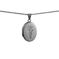 Silver 26x19mm oval hand engraved medical alarm symbol flat Locket with a 1.3mm wide curb Chain 20 inches