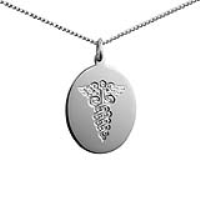 Silver 27x21mm oval hand engraved medical alarm symbol Disc Pendant with a 1.3mm wide curb Chain 20 inches