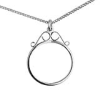 Silver 27x22mm Farthing coin mount with 2 scrolls Pendant with a 1.3mm wide curb Chain 18 inches