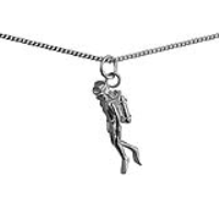 Silver 27x8mm Aqualung Diver Swimming Pendant with a 1.3mm wide curb Chain 18 inches