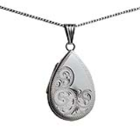 Silver 28x19mm teardrop half hand engraved flat Locket with a 1.3mm wide curb Chain 18 inches