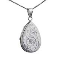 Silver 28x19mm teardrop hand engraved flat Locket with a 1.3mm wide curb Chain