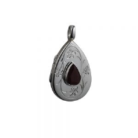 Silver 28x19mm teardrop hand engraved Garnet set flat Locket