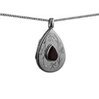 Silver 28x19mm teardrop hand engraved Garnet set flat Locket with a 1.3mm wide curb Chain