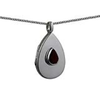 Silver 28x19mm teardrop plain Garnet set flat Locket with a 1.3mm wide curb Chain 18 inches