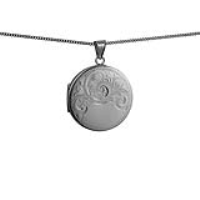 Silver 29mm round half hand engraved flat Locket with a 1.3mm wide curb Chain