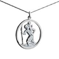 Silver 30mm round cut out St Christopher Pendant with a 1.3mm wide curb Chain 22 inches