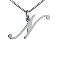 Silver 30x11mm plain palace script Initial N Pendant with a 1.3mm wide curb Chain