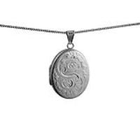 Silver 30x24mm oval hand engraved flat Locket with a 1.3mm wide curb Chain 24 inches