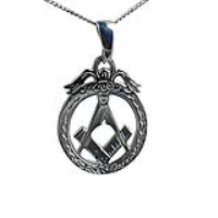 Silver 32x25mm hand engraved Masonic emblem in a circle Pendant on a bail loop with a 1.3mm wide curb Chain 22 inches