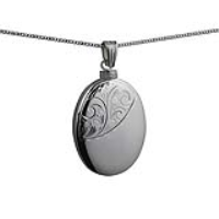 Silver 35x26mm handmade half hand engraved oval Memorial Locket with a 1.3mm wide curb Chain