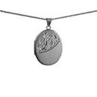 Silver 35x26mm oval half hand engraved flat Locket with a 1.3mm wide curb Chain