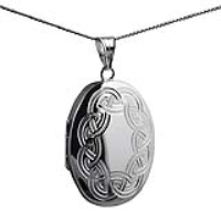 Silver 35x26mm oval hand engraved celtic pattern Locket with a 1.3mm wide curb Chain 18 inches