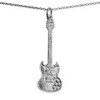Silver 40x13mm solid Electric Guitar Pendant with a 1mm wide rolo Chain