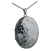 Silver 45x35mm oval hand engraved 4 photo Family Locket with a 1.3mm wide curb Chain 22 inches