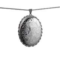 Silver 48x38mm oval hand engraved twisted wire edge Locket with a 1.3mm wide curb Chain