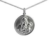 Sliver 23mm round Madonna and Child Pendant with a 1.3mm wide curb Chain 24 inches