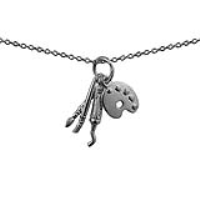 Three Silver 15x9mm Artist's Charms a paint board, brushes and a tube of paint with a 1mm wide rolo Chain 22 inches