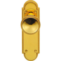 Delamain Beaded Door Knob on Shaped Latch Plate Polished Brass