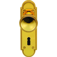 Delamain Beaded Door Knob on Shaped Lock Plate Polished Brass