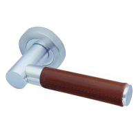 Frelan Hardware Ascot Chestnut Brown Leather Door Handle On Rose Satin Chrome