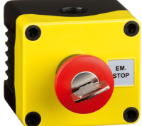 2DE.01.03AB (E-stop c/w key reset, deep base, yellow cover, black base, red mushroom head EN418 - Hylec APL Electrical Components)