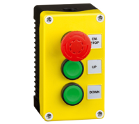 2DE.03.01AB (E-stop twist to release and 2 black push buttons for up/down, left/right, yellow cover, deep black base