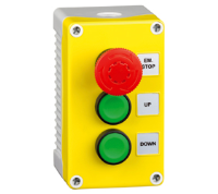 2DE.03.01AG (E-stop twist to release and 2 black push buttons for up/down, left/right, yellow cover, deep grey base