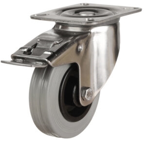 Stainless Steel Castor Top Plate Swivel Brake Grey Rubber Wheel