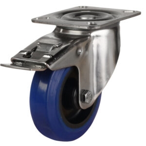 Stainless Steel Castor Top Plate Swivel Brake Blue Rubber Wheel