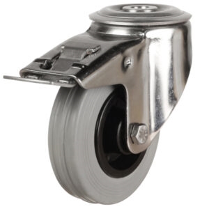 Stainless Steel Bolt Hole Brake Swivel Castor Grey Rubber Wheel