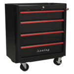 Sealey AP28204BR Rollcab 4 Drawer Retro Style- Black with Red Anodised Drawer Pulls