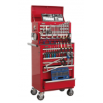 Sealey APCOMBOBBTK57 Topchest & Rollcab Combination 15 Drawer with Ball Bearing Slides – Red & 147pc Tool Kit